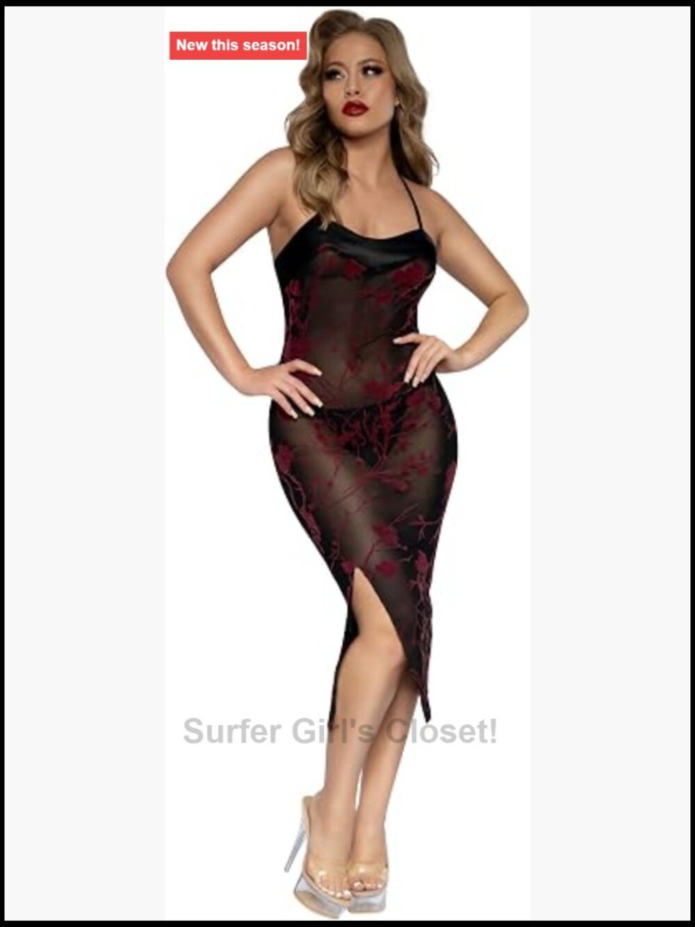 Flocked Mesh Slit Dress Sheer Bodycon Sleeveless G-String Included